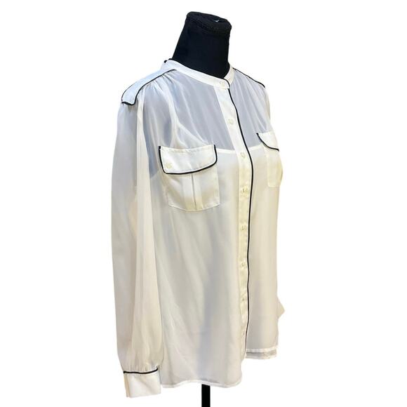 Worthington Sheer Button Front Blouse Size L Ivory w Black Piping - Picture 3 of 9